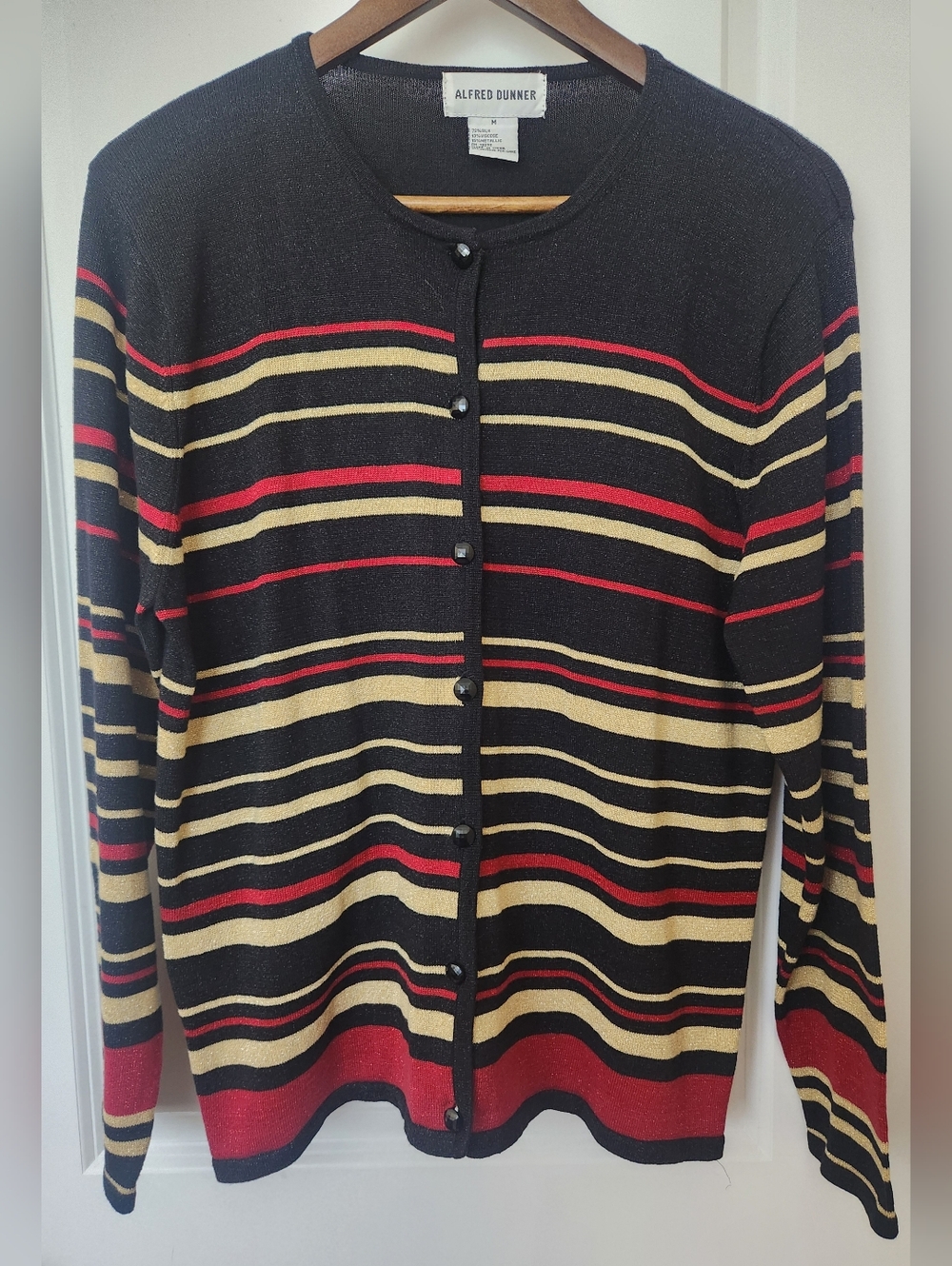 Alfred Dunner Black Striped Cardigan with Red and Gold Stripes